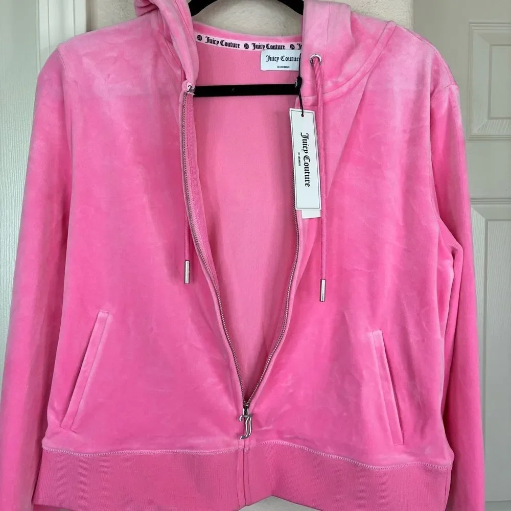 Juicy Couture OG BIG BLING VELOUR HOODIE Women’s Pink Long Sleeve Sweater New XL